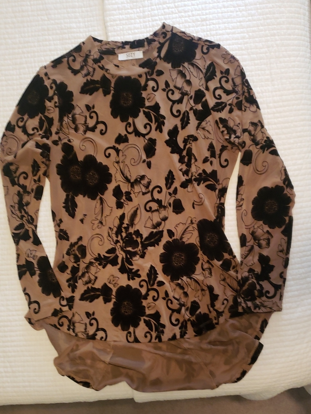 Suzy Shier Beige Long Sleeve Top with Black Velvet Floral Accents.